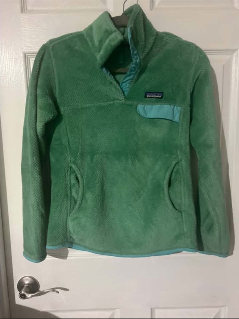 Patagonia Kids Light Green Fleece Pullover with Teal Trim